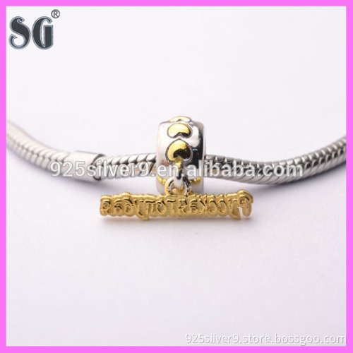 Customized 925 Stamp Loving Heart Silver Charms with gold letters Listing Fits For European Bracelets & Necklaces& Pendants